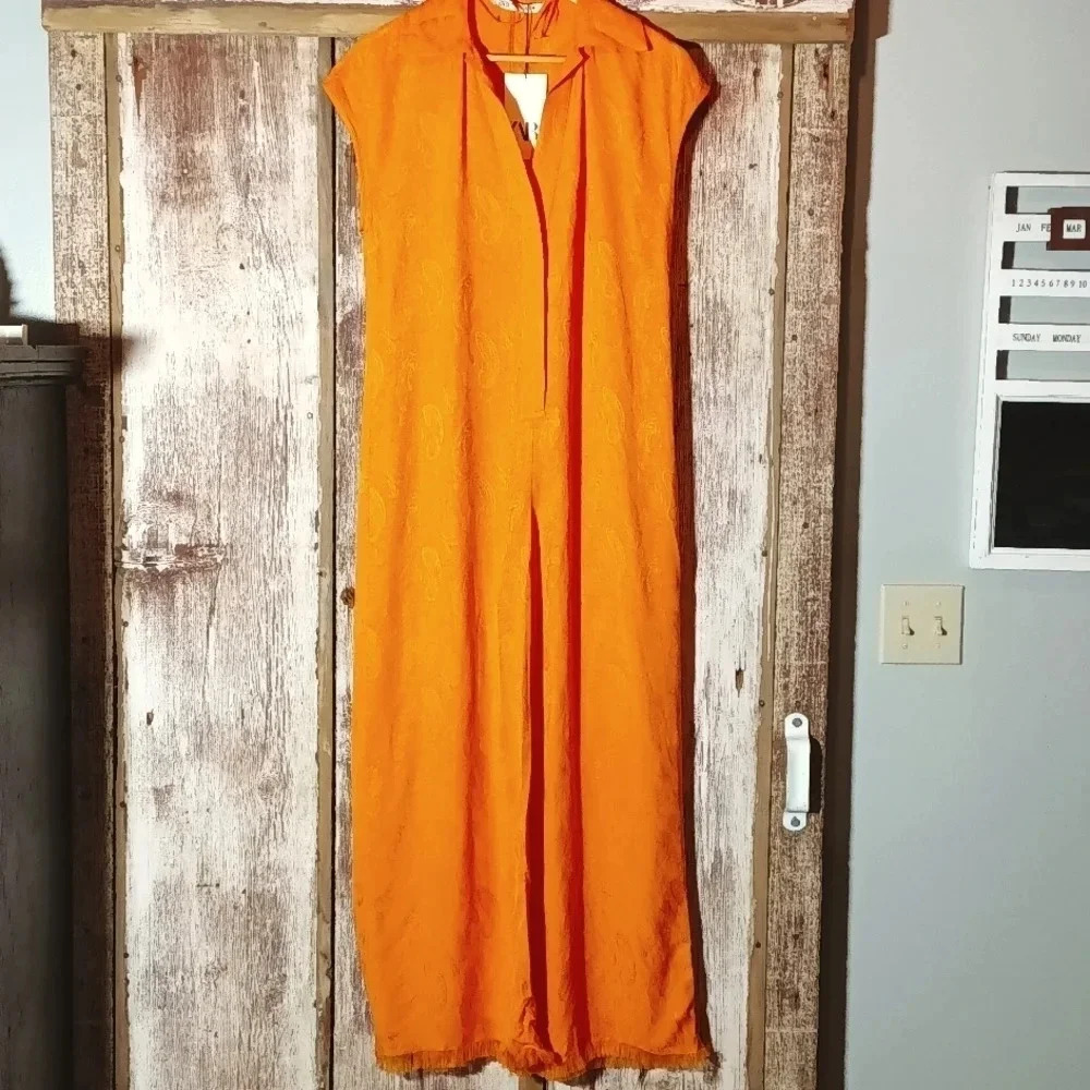 Zara textured ankle jumpsuit jacquard collared raw hem orange size xs - Picture 2 of 9